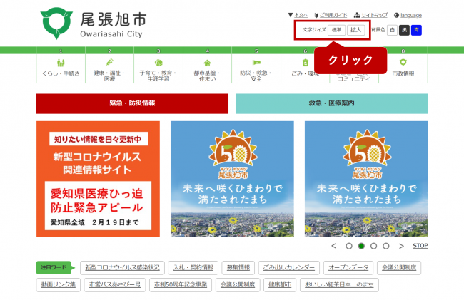 ホームページでの文字サイズ変更方法の画像